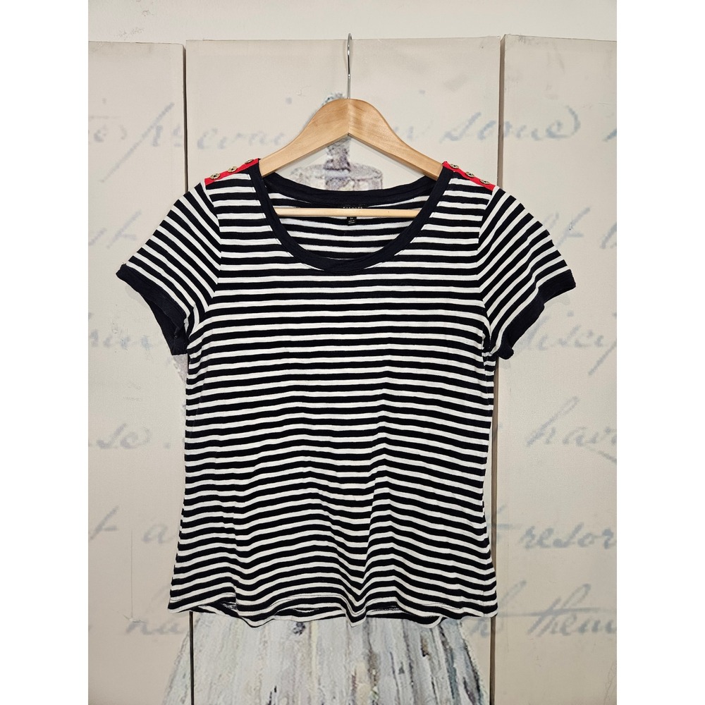 Talbots Striped T-Shirt SP Navy White Nautical Button Shoulder Cotton Modal